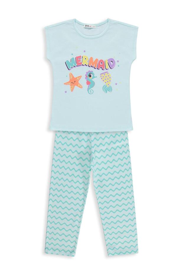 Mermaid Printed 6-9 Years Old Pajama Set - Green 9-10 Years Old