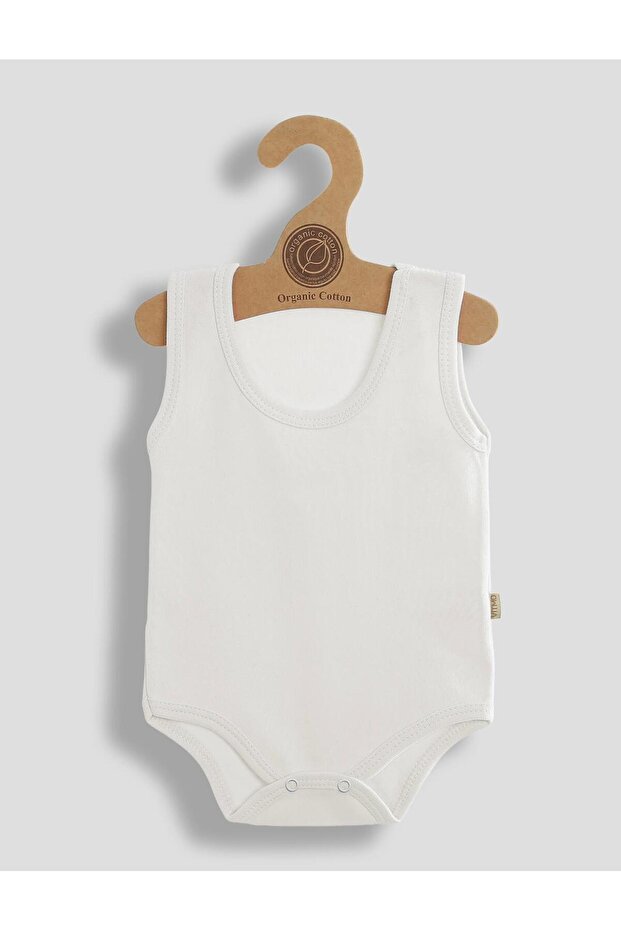 Snap Fastener Baby Bodysuit with Straps, Ecru Color, 100% Organic Cotton