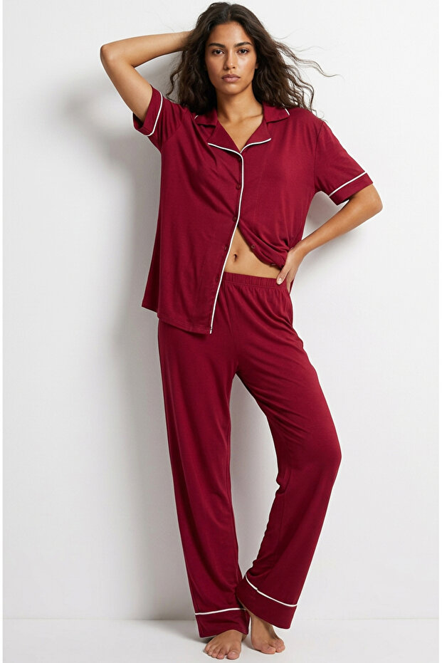 Burgundy Shirt Collar Buttoned Bias Short Sleeve Viscose Wide-Fit Pajama Suit7828