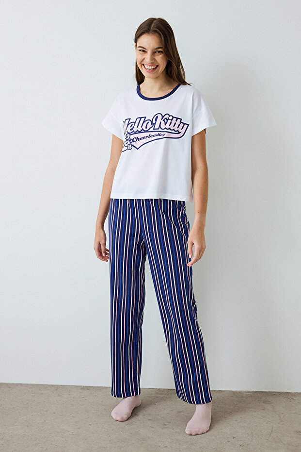 White Hello Kitty Striped Short Sleeve Crew Neck Pyjama Set