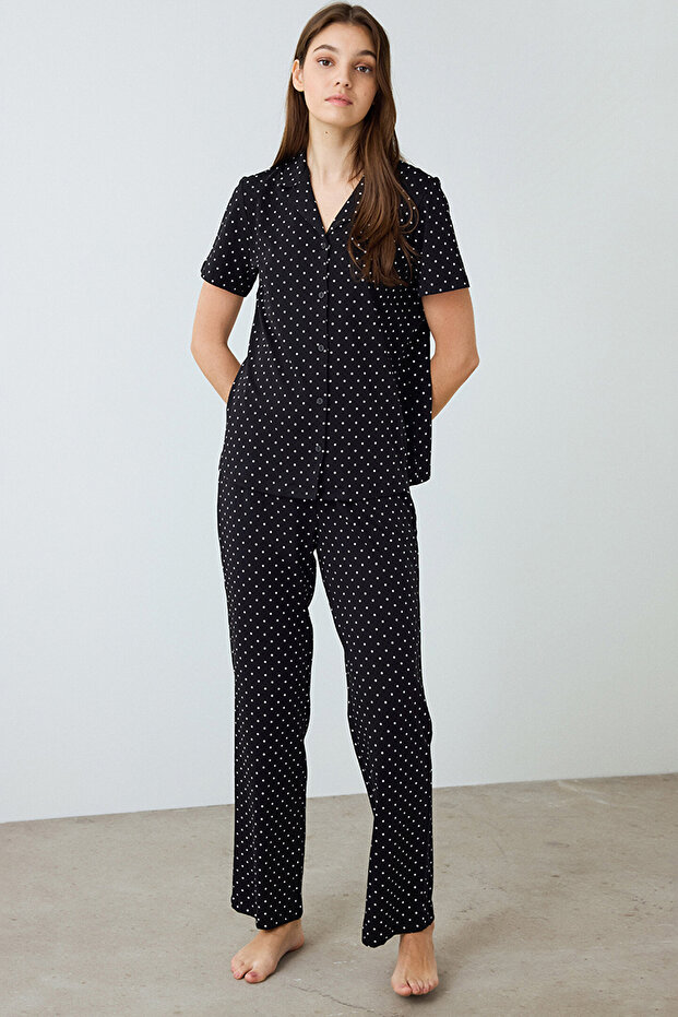 Black Polka Dot Shirt Collar Short Sleeve Pyjama Set
