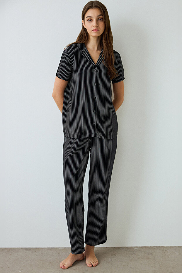 Black Striped Shirt Collar Short Sleeve Pyjama Set