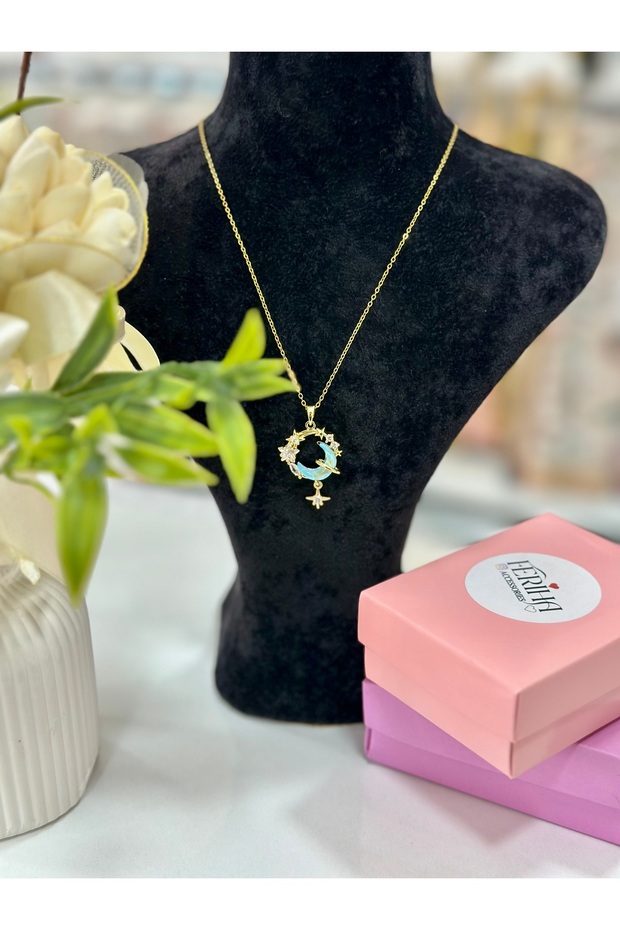 Steel Stainless Necklace with Zircon Stone Moon and Star Design