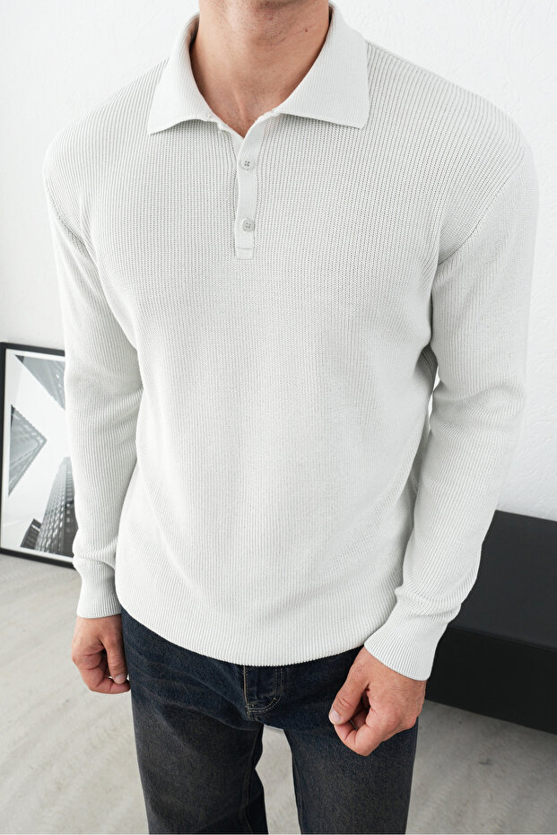 Collared Three Button Gray Corduroy Oversize Sweater - 1