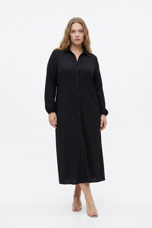 Plus Size Wrinkled Fabric Long Dress – Shirt Collar, Buttoned Throughout