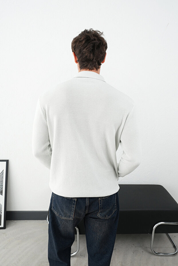 Collared Three Button Gray Corduroy Oversize Sweater - 4