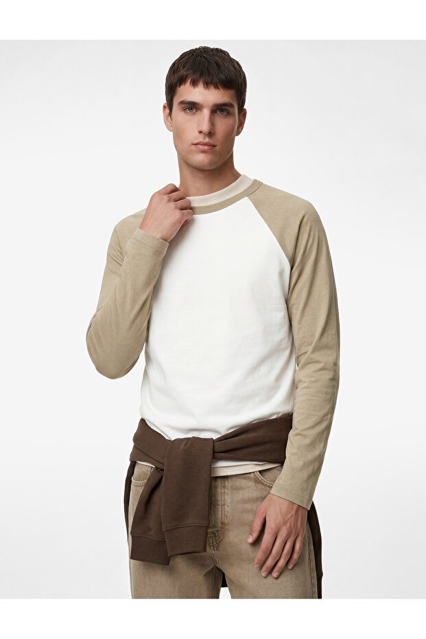 Regular Fit Cotton Crew Neck Color Contrast Raglan Long Sleeve T-Shirt