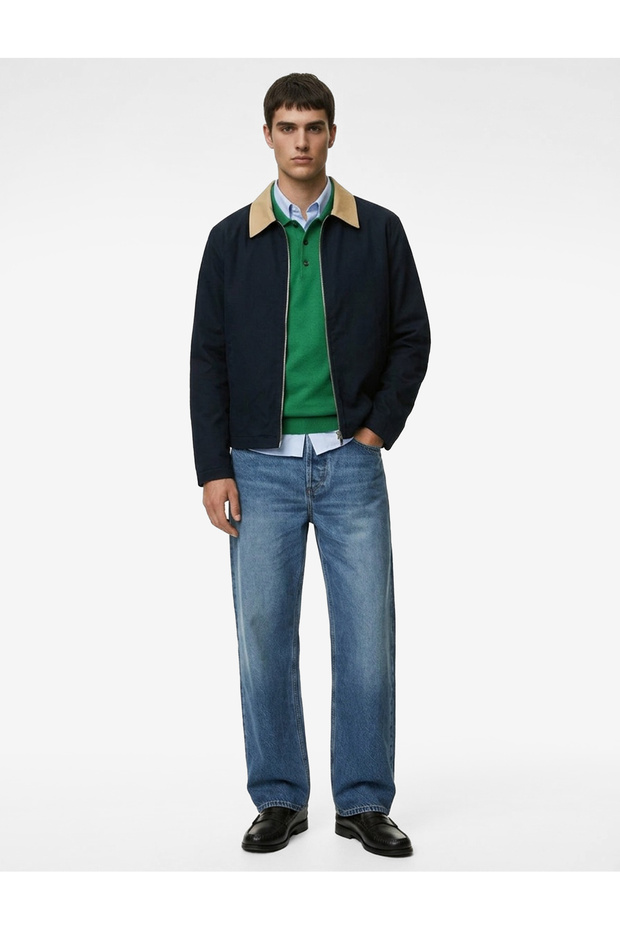 Regular Fit Long Sleeve Color Contrast Shirt Collar Cotton Zipper Gabardine Jacket