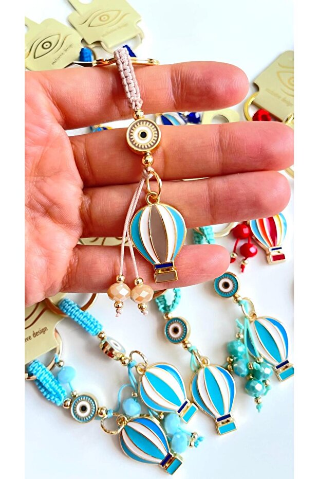 Beige Balloon Patterned Evil Eye Beaded Keychain - 2