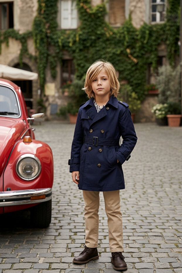 Boy's Cotton Lined Water Repellent Navy Blue Raincoat Trench Coat