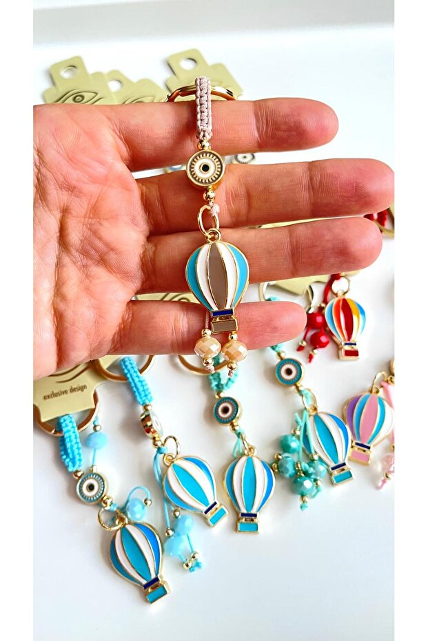 Beige Balloon Patterned Evil Eye Beaded Keychain - 6