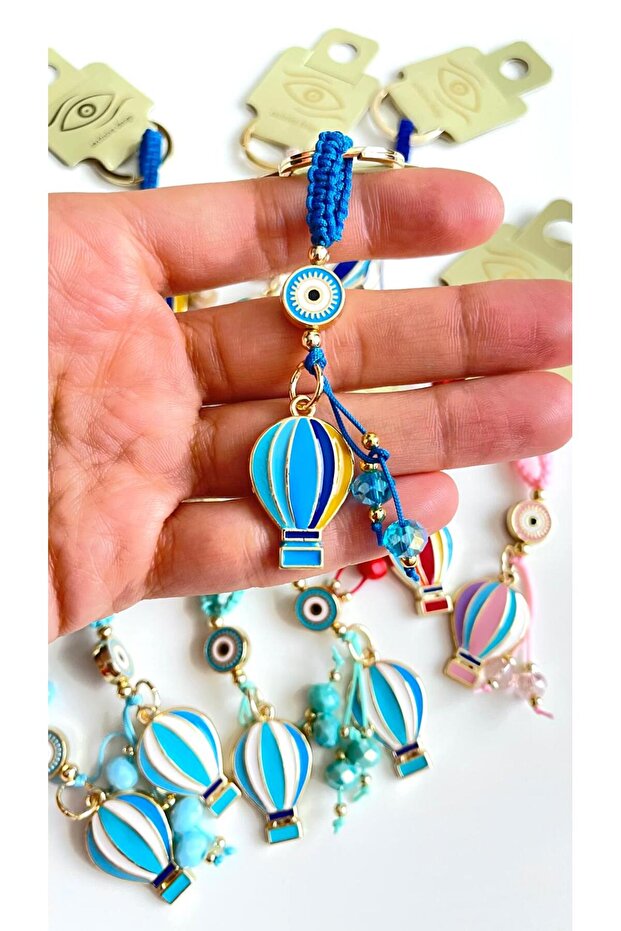 Blue Colored Balloon Patterned Evil Eye Beaded Keychain - 4