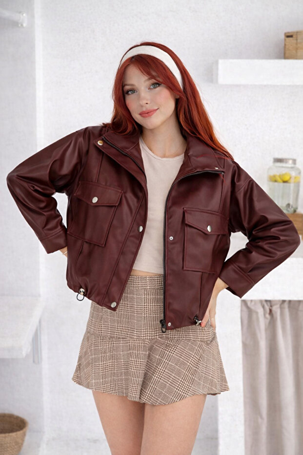 Oversize Pocket Burgundy Faux Leather Women's Zipper Jacket