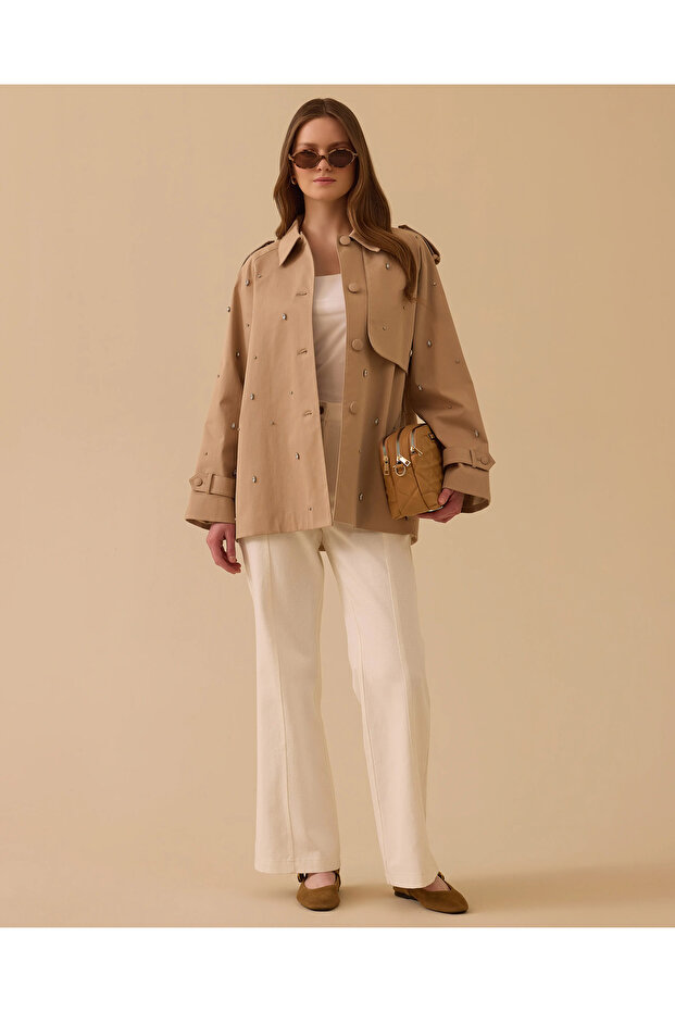 Taşlı Oversize Trençkot - 1