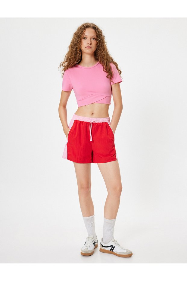 Oversize Sports Shorts High Waist Ribbed Waist Lace up Color Block Pocket