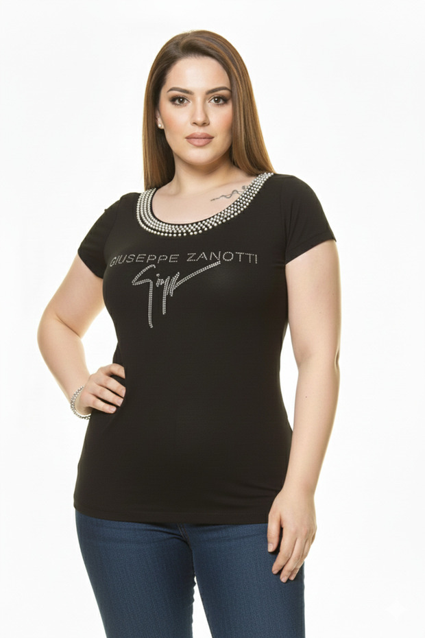 Women's Plus Size Summer Short Sleeve Black Stone Embroidered Body Blouse 17C-3005