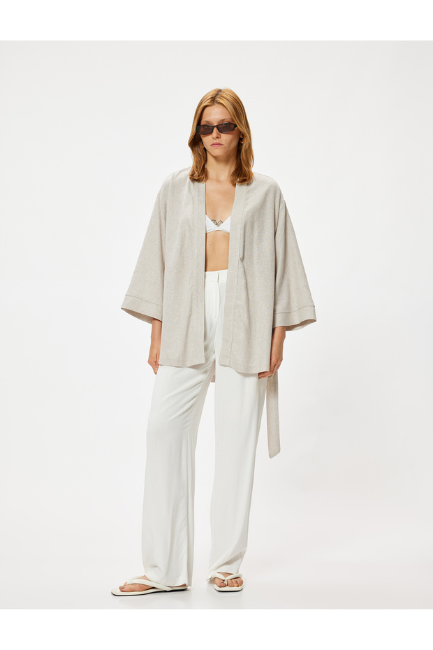 Linen Oversize Kimono with Wide Long Sleeves and Belt Detail