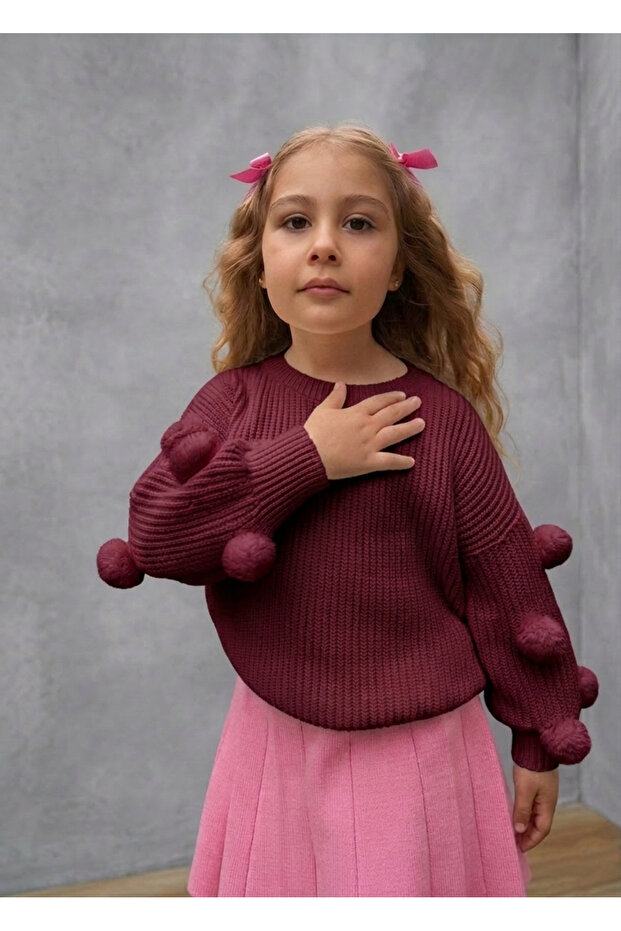 Girl's Balloon Sleeve Pompom Knit Sweater