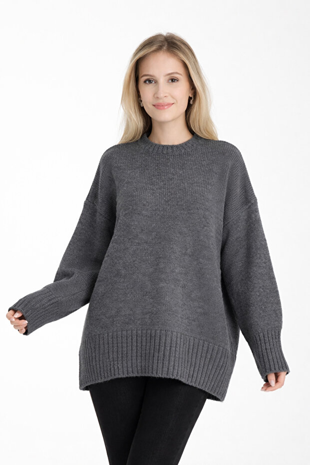 Pulover de damă lung, afumat, de bază, oversize - 1