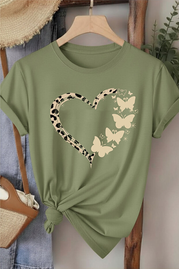 Heart Print Women's Khaki Green T-Shirt
