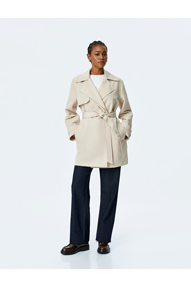Gabardine Fabric Double Breasted Trench Coat with Belt Pockets