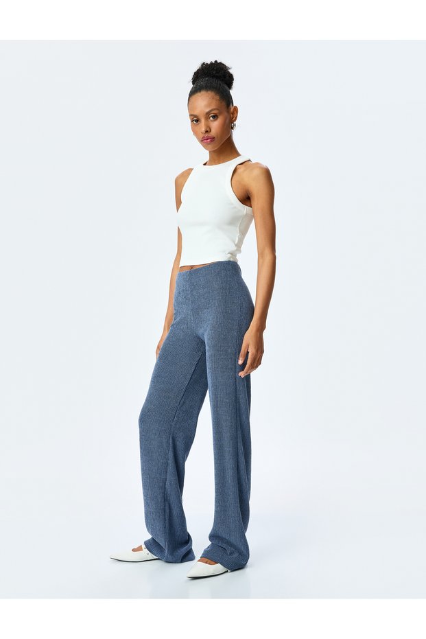 Slim Fit Textured High Waist Wide Leg Pants