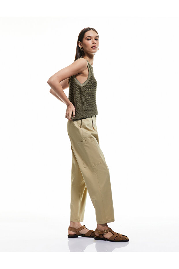 Cotton Gabardine Carrot Trousers with Pleated Pocket Detail