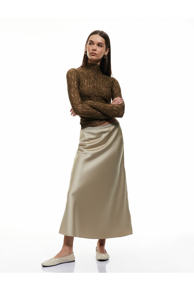 Rubber Waist Detailed Midi Length A-Line Satin Skirt