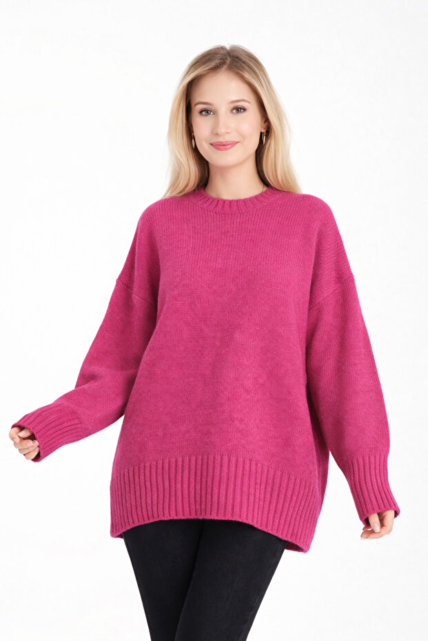 Oversize Basic Pembe Uzun Kadın Kazak - 1