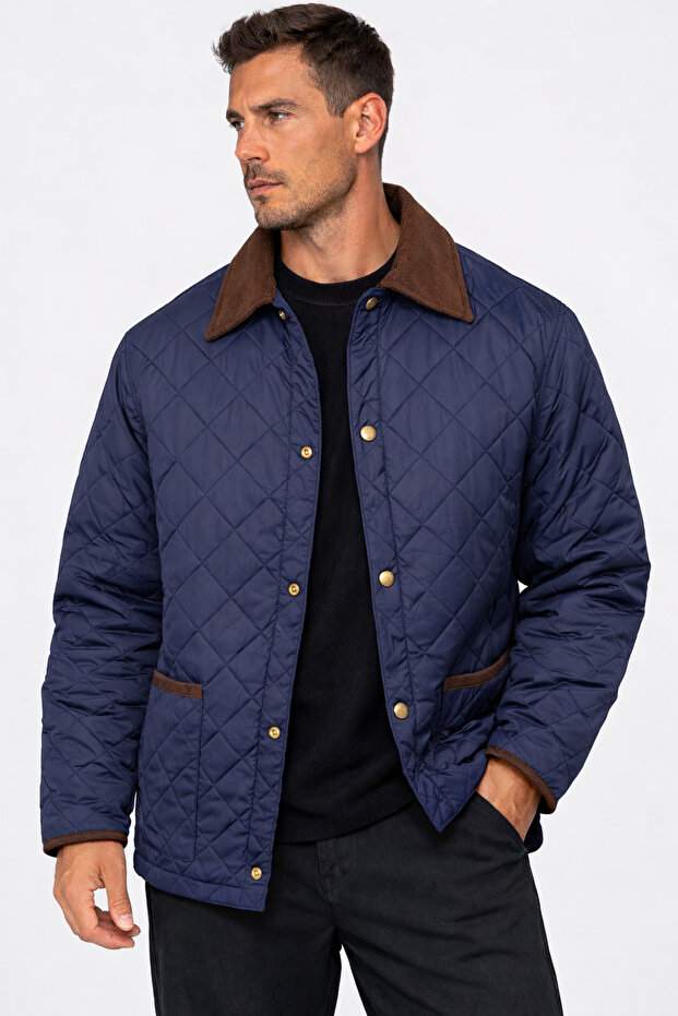 Navy Blue Men's Jacket with Diamond Pattern Collar Detail