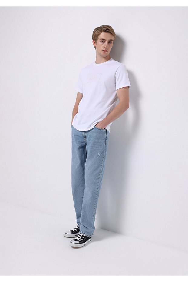 Regular Fit Mid Waist Straight Leg Men's Light Indigo Denim Jean Trousers with Pockets