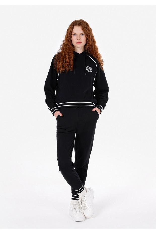 Regular Fit Kapüşonlu Nakışlı Kadın Siyah Sweatshirt - 3