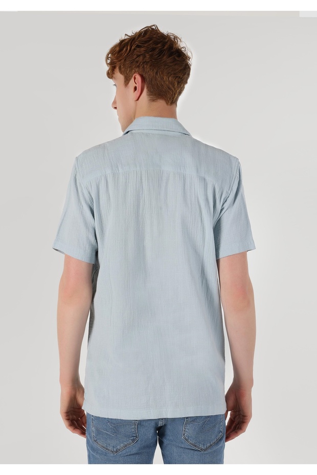 Regular Fit Basic Mavi Erkek Kısa Kol Gömlek - 2