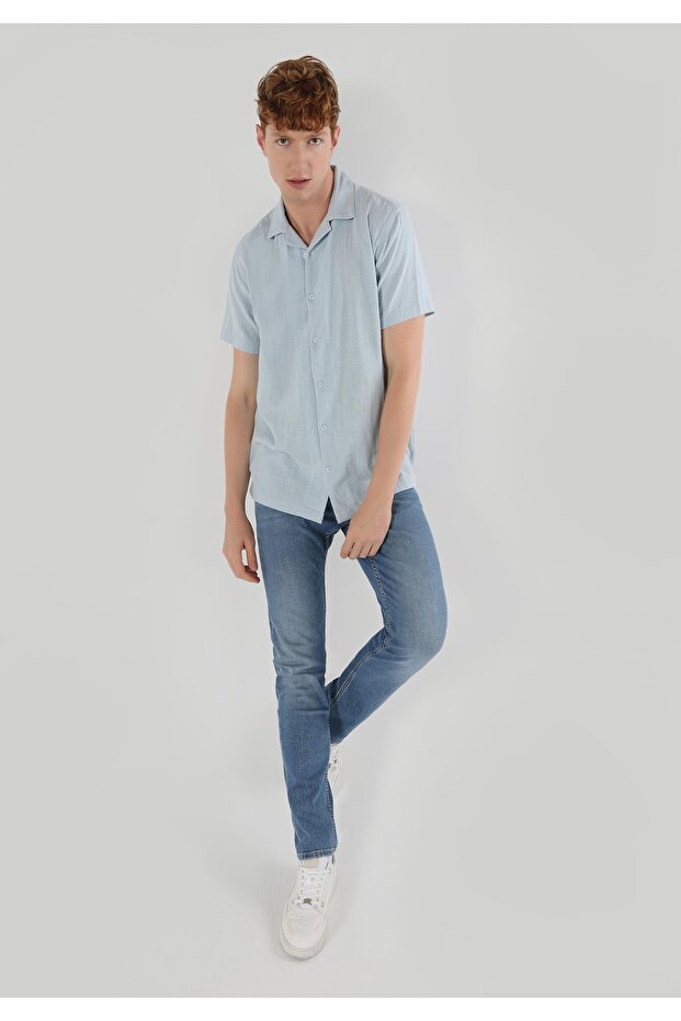 Regular Fit Basic Mavi Erkek Kısa Kol Gömlek - 3