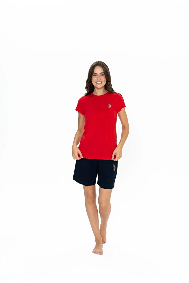 Women's Round Neck Bottom Top Pajama Shorts Set-Red-L