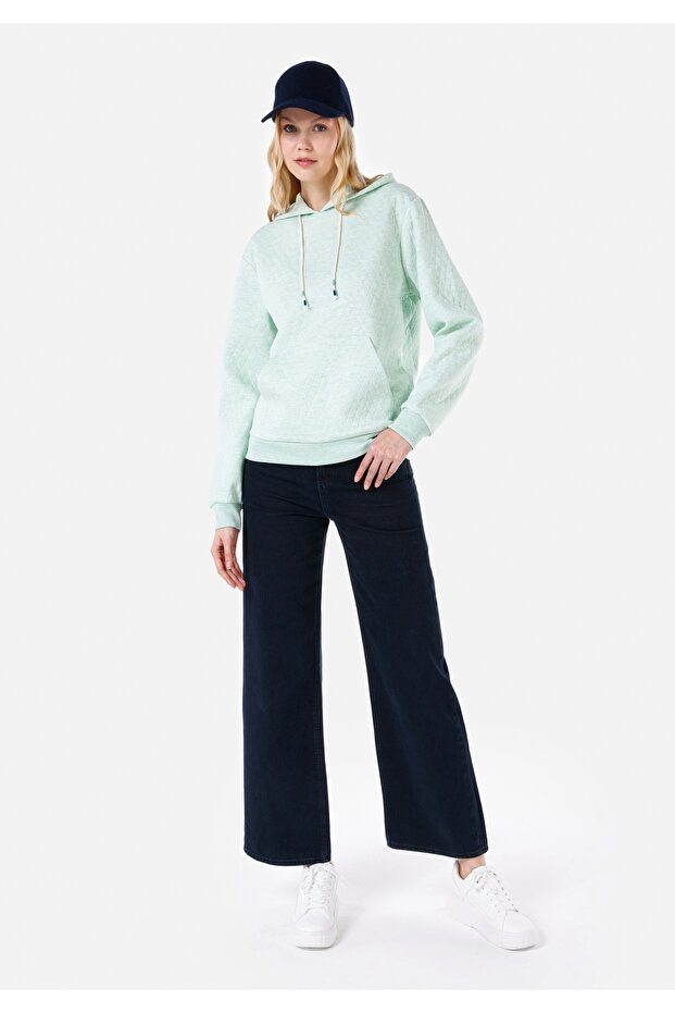 Regular Fit Örme Kapüşonlu Düz Kadın Yeşil Sweatshirt - 3