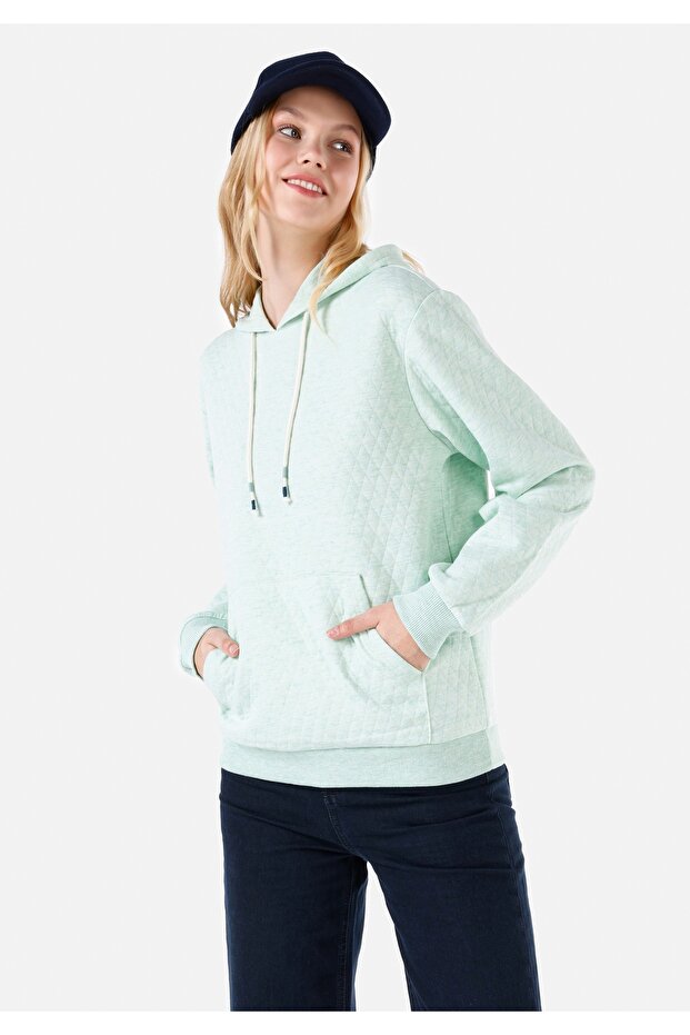 Regular Fit Örme Kapüşonlu Düz Kadın Yeşil Sweatshirt - 1