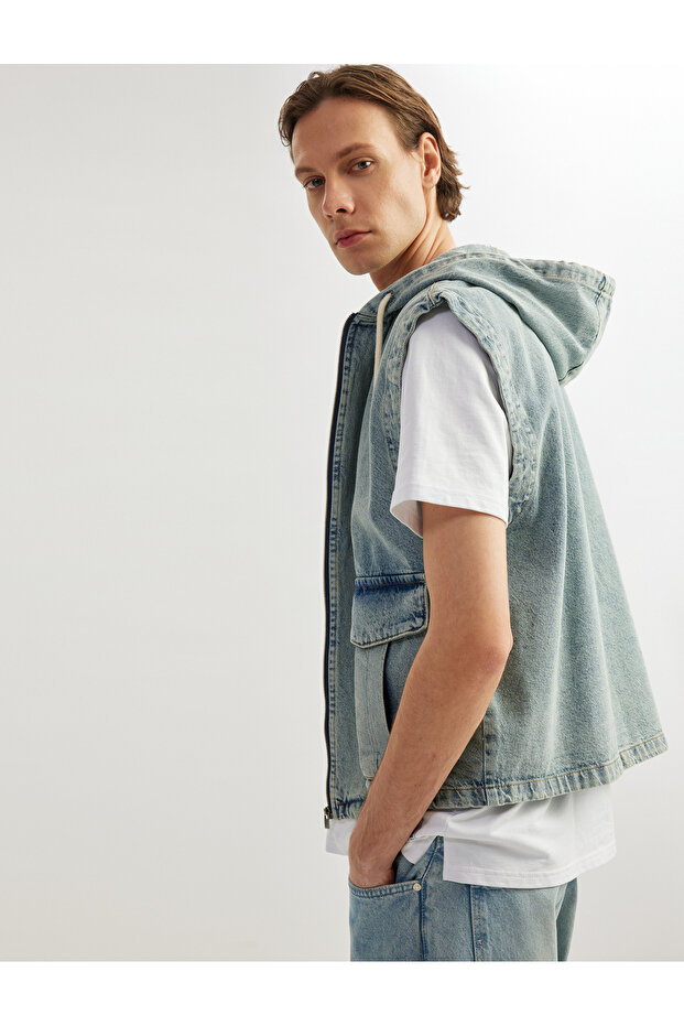 Oversize Cotton Sleeveless Denim Vest with Hooded Zippered Flap Pockets