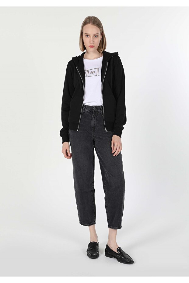 Regular Fit Örme Kapüşonlu Düz Kadın Siyah Sweatshirt - 3