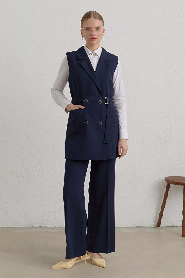 Kuşaklı Blazer Basic Yelek Lacivert - 1