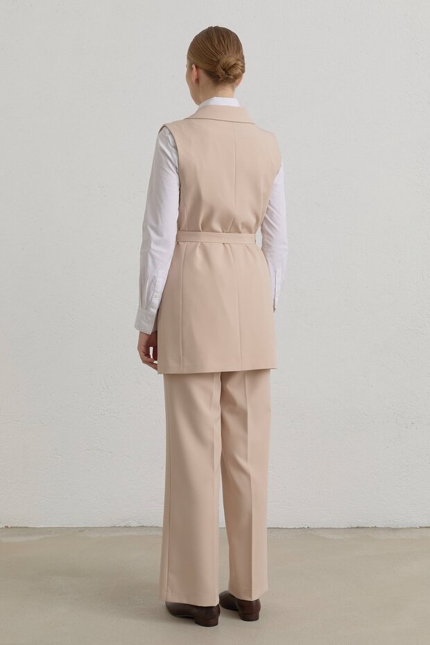 Kuşaklı Blazer Basic Yelek Taş - 4