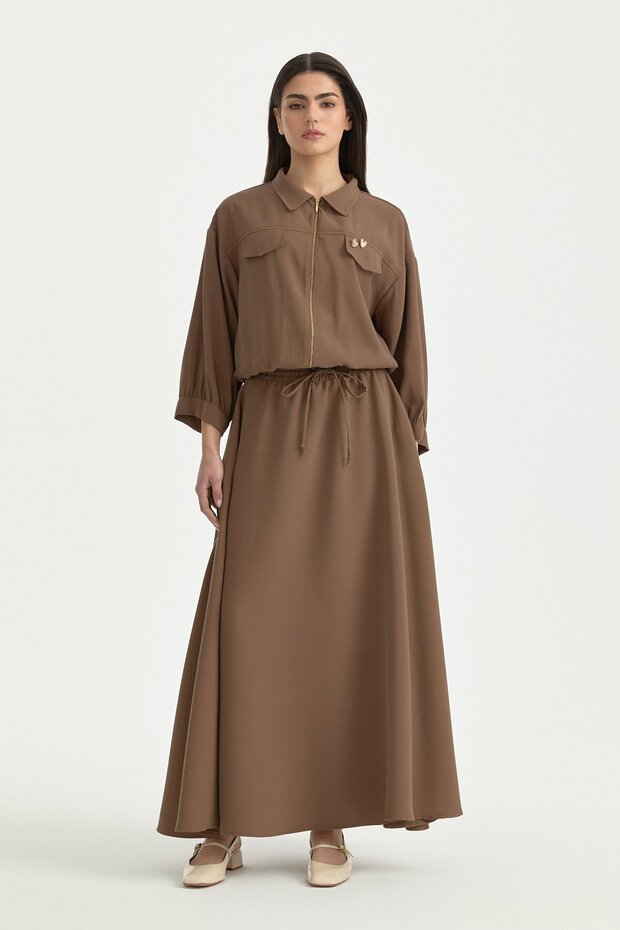 Beli Lastikli Lyocell Basic Etek Kahve - 1