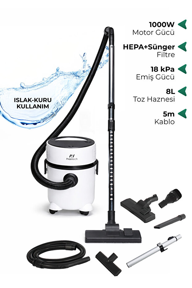 PiranTech ES-07 Panda Islak & Kuru Elektrikli Süpürge | 1000W Güçlü Motor | HEPA Filtreli | Toz Torbasız