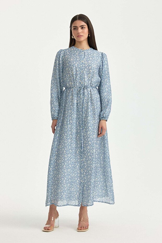 Button-Front Minik Floral Print Lyocell Dress Indigo