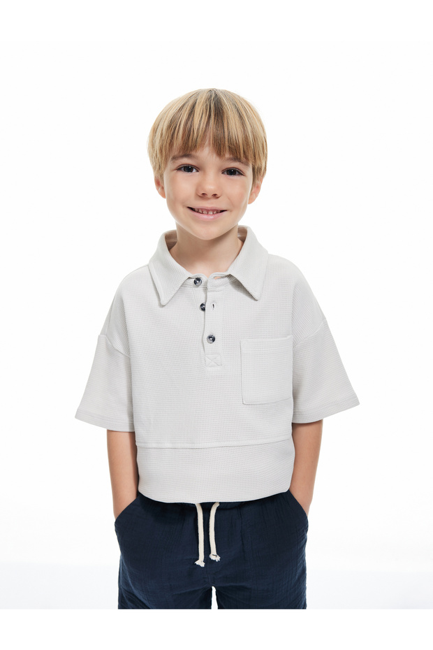 Button Detailed Polo Neck Short Sleeve Cotton T-Shirt