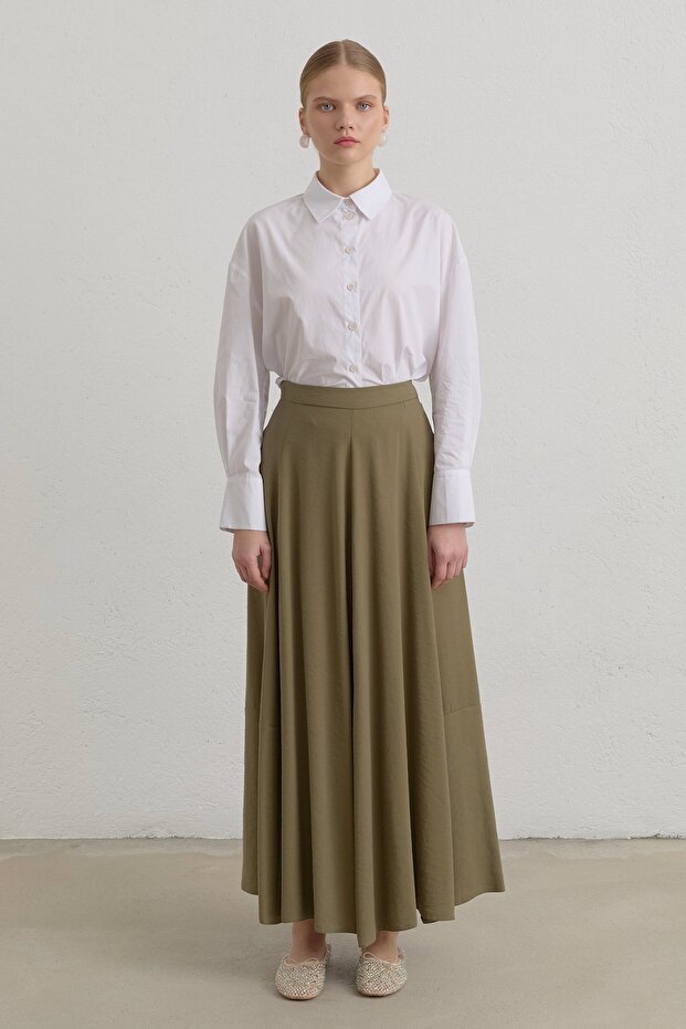 Parçalı Modal Basic Kloş Etek Haki - 1