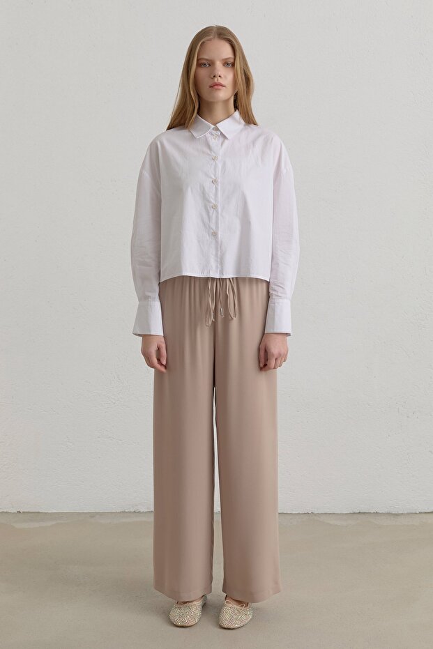 Elastic Waist Wide-Leg Basic Trousers Beige