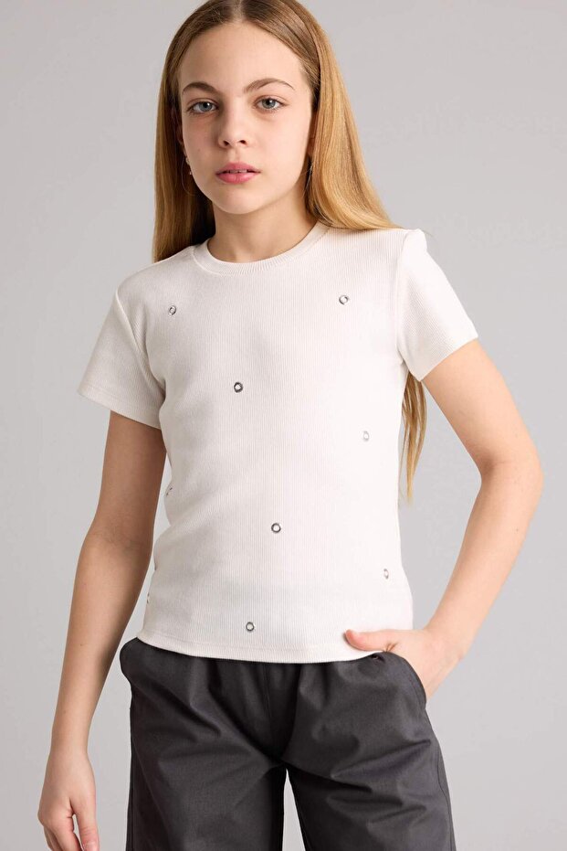 Corded Fabric Ribbed Knit T-Shirt for Girls H6193A826Sm