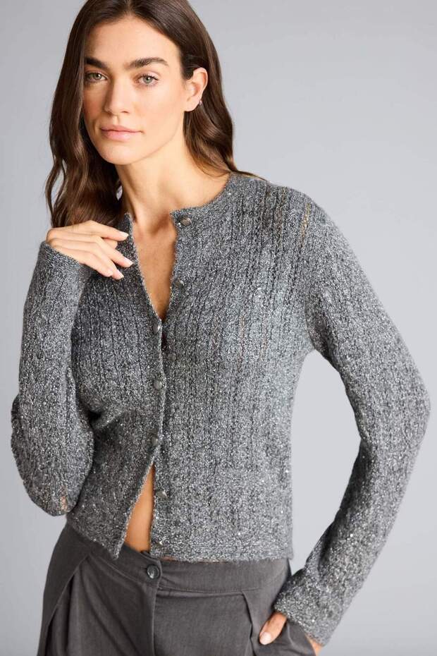 Regular Fit Crew Neck Sequin Detailed Openwork Basic Cardigan H3795Ax26Sp