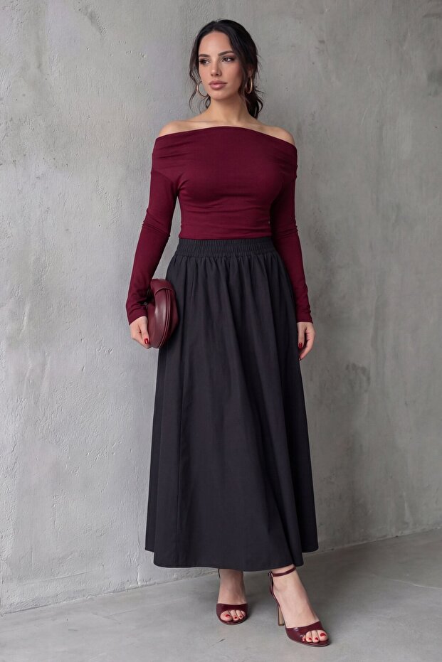 Black Elastic Waist Midi Length Women's Skirt Mg2616